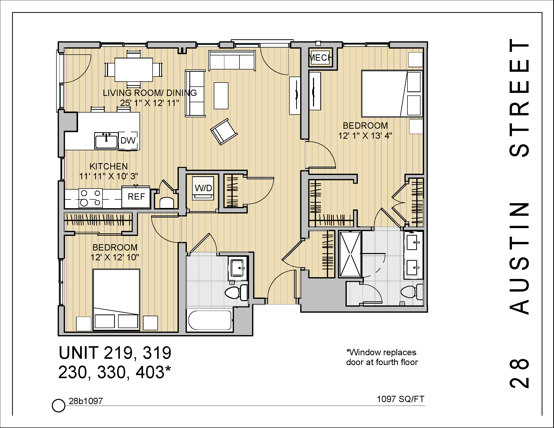 Floor plan for 2 beds, 2 baths, 1097 sqft